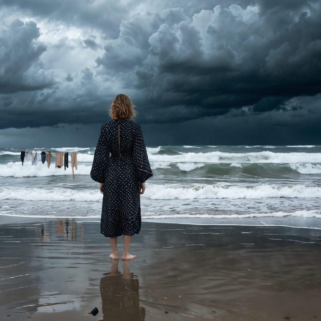 A melancholic fashion scene featuring a beach lined with sad yet stylish outfits hanging on a line, reflecting diverse emotions. Include beachwear with an overlay of teardrop patterns, soft pastels contrasting with ominous stormy skies above. Add a solitary figure gazing at the waves, embodying resilience amidst sorrow. Art should evoke a sense of beauty in sadness. surrealistic. soft color palette. dynamic composition.
