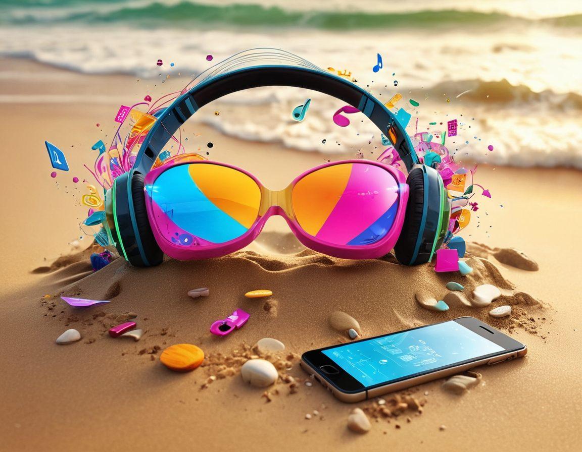 A vibrant beach scene featuring colorful bikinis fluttering in the wind, surrounded by digital download icons and music notes, symbolizing the fusion of beach culture and digital music. The ocean waves crash in the background, reflecting a sunny, lively atmosphere. Elements like smartphones and headphones integrated into the sand, enhancing the connection between fashion and technology. super-realistic. vibrant colors. 3D.